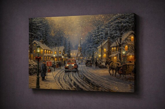 LED Illuminated Snowy Cityscape Canvas Art, Winter Village Wall Decor, Lighted Christmas Street Scene, Battery Powered Holiday Gift