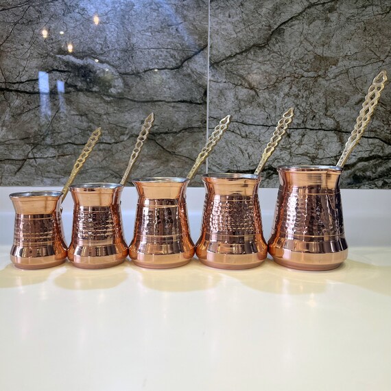 Handcrafted Copper Turkish Coffee Pot Set, Brass Handles, 5 Sizes