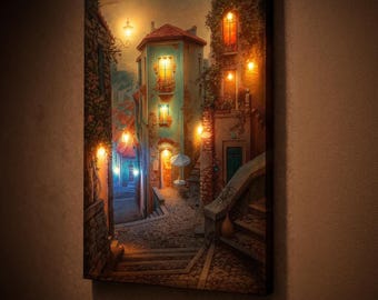 LED Cobblestone Street Canvas Art, Campobasso Italy Night Scene, Illuminated Rustic Village Wall Decor, Battery Powered Lighted Artwork