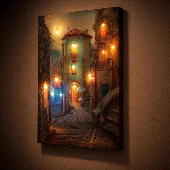 LED Cobblestone Street Canvas Art, Campobasso Italy Night Scene, Illuminated Rustic Village Wall Decor, Battery Powered Lighted Artwork