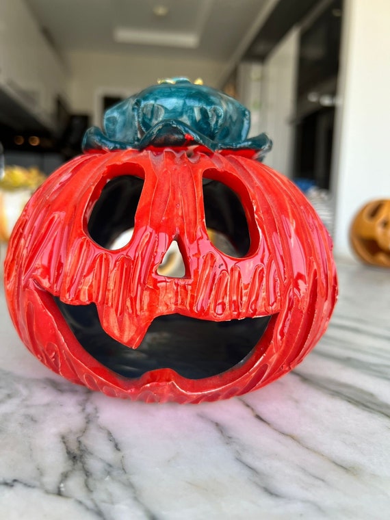 Handmade Ceramic Halloween Pumpkin Tealight Holder: Red with Green Leaf