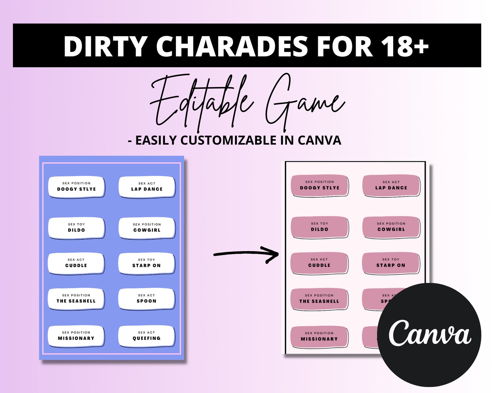 Dirty Charades Printable Games, Printable Games in Canva. Instant PDF ...