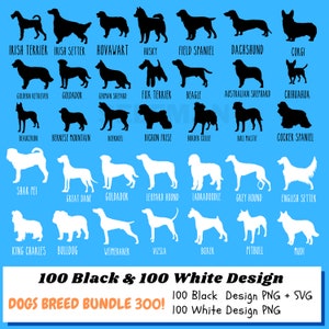 Puede incluir: Una descarga digital de 300 siluetas de razas de perros en blanco y negro. La imagen muestra una cuadrícula de 30 razas de perros diferentes, incluyendo un Golden Retriever, un Beagle, un Bulldog, y más. El texto "100 Black & 100 White Design" y "DOGS BREED BUNDLE 300!" está en la parte inferior de la imagen.