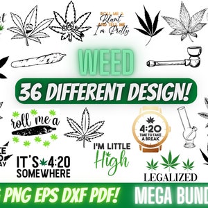 Pode incluir: Uma coleção de 36 designs temáticos de cannabis em preto e branco, incluindo ilustrações de folhas, designs baseados em texto e um relógio com a hora 4:20. O texto "WEED 36 DIFFERENT DESIGN!" está em letras verdes. O texto "SVG PNG EPS DXF PDF! MEGA BUNDLE" está em letras verdes.