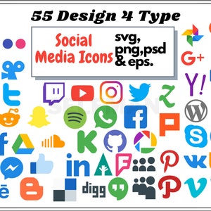 55 Social Media Icons, Youtube, Twitter, Instagram, Twitch, Facebook, Snapchat, WhatsApp, Etc., Svg, Png, Psd, Eps