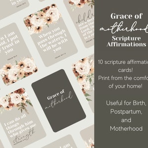 Puede incluir: Diez tarjetas imprimibles con diseños florales y afirmaciones bíblicas para la maternidad. Las tarjetas presentan citas de la Biblia, como "Cuando pases por las aguas, yo estaré contigo." y "Todo lo puedo en Cristo que me fortalece."