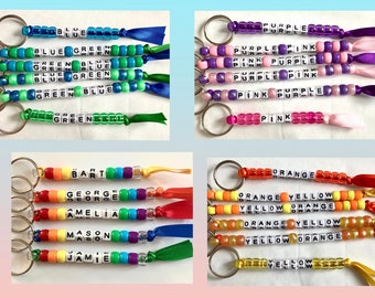 Personalised name pony bead and ribbon keychain keyring gift, teacher gift, school leavers gift, family present, kids birthday party favour