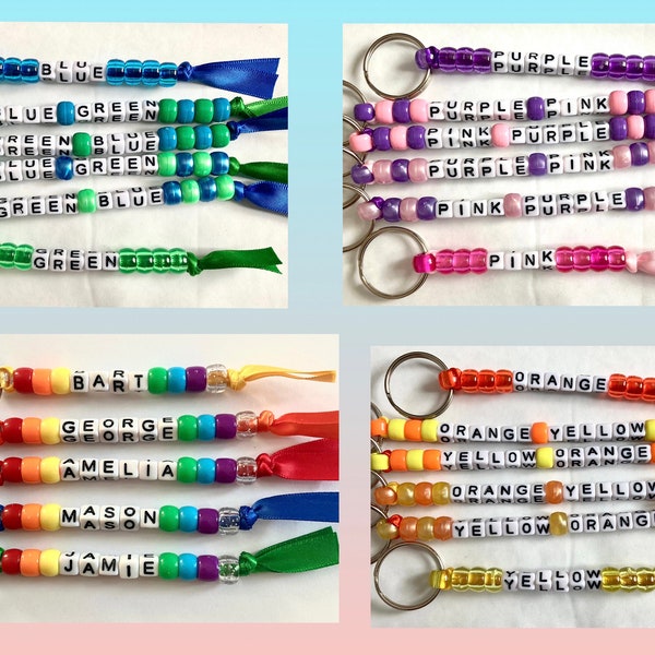 Personalised name pony bead and ribbon keychain keyring gift, teacher gift, school leavers gift, family present, kids birthday party favour