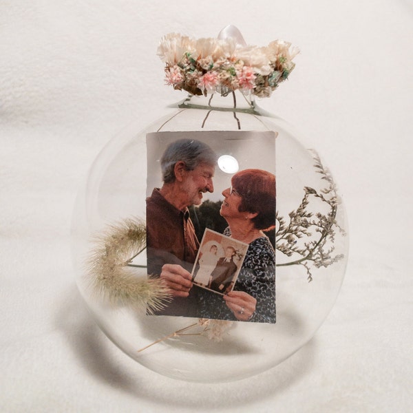 Personalized Picture Glass Ornament| Holiday Decoration| Christmas Ornament Ball| First Christmas| Dried Flowers| Engagement Announcement