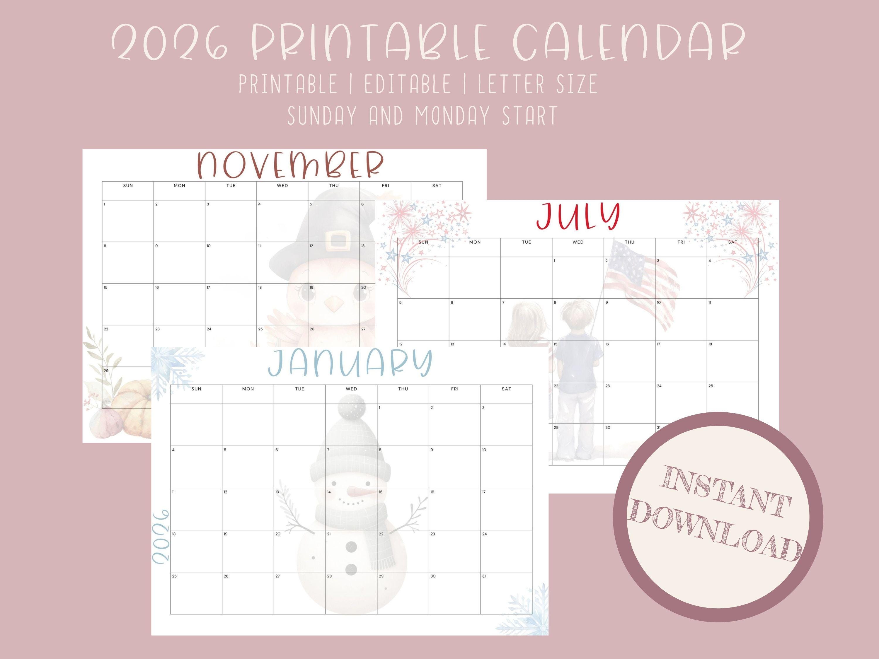 2026 Calendar Printable | Editable Monthly PDF (letter Size) - Etsy