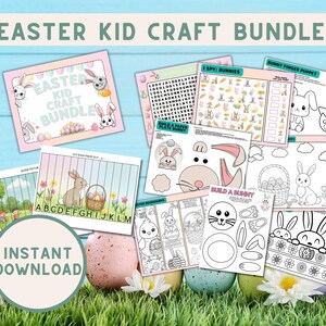 Könnte beinhalten: Ein druckbares Oster-Bastelpaket mit verschiedenen Aktivitäten für Kinder, darunter eine Hasen-Fingerpuppe, ein Bastelset zum Bau eines Hasen, ein Ich-sehe-was-Spiel und eine Ausschneide- und Klebeaufgabe. Das Paket enthält den Text "Easter Kid Craft Bundle" und "Instant Download".