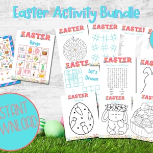 May include: An Easter activity bundle with over 30 pages of printable games and coloring pages. The bundle includes a bingo card, a word search, a maze, a tic-tac-toe game, a word scramble, a connect the dots, and a coloring page of a bunny rabbit.