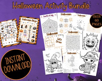 May include: A set of printable Halloween activity pages for kids. The pages include a bingo game, a maze, a word search, a connect the dots, a coloring page, and a "let's draw" page. The pages are black and white and feature Halloween-themed images like ghosts, pumpkins, bats, and owls. The text "Over 60 Pages" is visible in the top right corner of the image.