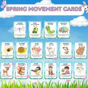 Op de afbeelding: Een set van 16 kleurrijke kaarten met verschillende dieren en instructies voor bewegingsactiviteiten. Elke kaart heeft een titel, zoals "Zweven als een libel" of "Hinkelen als een lam", en een illustratie van het dier. De kaarten zijn ontworpen voor kinderen om te gebruiken in een speelse leeromgeving.