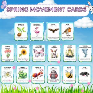 Op de afbeelding: Een set van 12 kleurrijke kaarten met lente-bewegingsactiviteiten. Elke kaart heeft een ander dier of plant, met instructies over hoe je je kunt bewegen als dat wezen. Bijvoorbeeld "Staan als een tulp" of "Zwaaien als een zonnebloem".