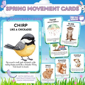 Op de afbeelding: Een set van 32 kleurrijke bewegingskaarten met illustraties van dieren en instructies voor elke beweging. De kaarten zijn ontworpen om kinderen te helpen verschillende soorten bewegingen te leren en plezier te hebben tijdens het doen. De kaarten bevatten instructies voor bewegingen zoals "Tjilpen als een chickadee", "Draaien als een paraplu", "Glijden als een otter", "Lopen als een beer", "Scamperen als een eekhoorn" en "Waggelt als een eend".