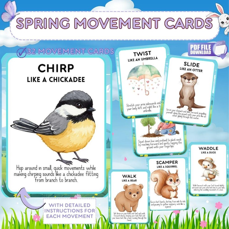 Op de afbeelding: Een set van 32 kleurrijke bewegingskaarten met illustraties van dieren en instructies voor elke beweging. De kaarten zijn ontworpen om kinderen te helpen verschillende soorten bewegingen te leren en plezier te hebben tijdens het doen. De kaarten bevatten instructies voor bewegingen zoals "Tjilpen als een chickadee", "Draaien als een paraplu", "Glijden als een otter", "Lopen als een beer", "Scamperen als een eekhoorn" en "Waggelt als een eend".