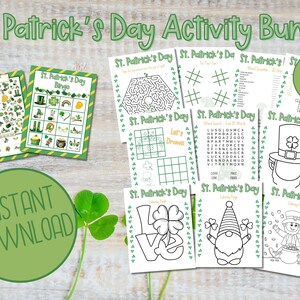 Aktivitetspaket för St. Patricks dag | Bingo, labyrinter, målarbok (PDF)