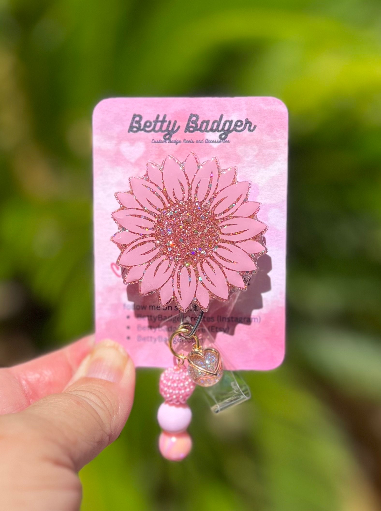 Pink Sunflower Retractable Badge Reel, Sparkly Pink Glitter Badge with Beads, Pink Love Badge Reel, Nurse Teacher Badge, Graduation Gift