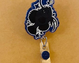 Angler Fish Badge Reel. Black Seadevil Angler Fish Badge Holder, Spring Clip