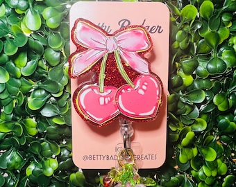 Bow and Cherries Badge Reel, Cherry Badge Reel, Bow Badge Holder, Cherry Badge Holder, Pretty Pink Red Cherries Badge Reel
