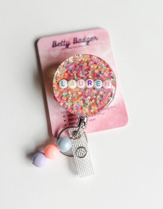 Name Badge Reel | Pastel Stars and Letters Beaded Custom Badge Reel, Mounted Reel Style of Your Choice, Retractable, Personalized Badge