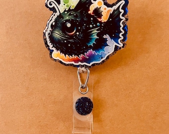 Angler Fish Badge Reel, Black Seadevil Spring Clip