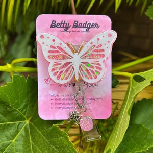 Butterfly Badge Reel, Pink Butterfly Badge Reel, pink Glitter Butterfly Badge Reel, Pretty Badge Reel, Badge Reel for Nurses, Pretty Badge