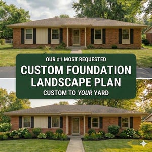 May include: A two-story brick house with a brown roof, black shutters, and a beige section on the front. The image includes the text "OUR #1 MOST REQUESTED CUSTOM FOUNDATION LANDSCAPE PLAN CUSTOM TO YOUR YARD."