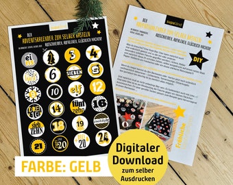 Adventskalender Zahlen DIY Farbe gelb, digitaler Download zum Ausdrucken, super für Bierkästen Biertrinker Bier Kalender für Männer & Frauen