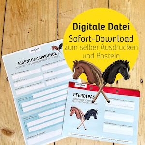 Hobby Horse DIY-paardenpaspoort en eigendomscertificaat + digitale download om zelf af te drukken en te knutselen, geweldige accessoires voor hobbypaarden