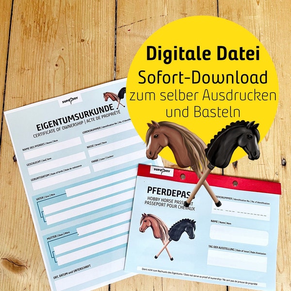 Hobby Horse DIY Pferdepass und Eigentümerurkunde + digitaler Download zum selber Ausdrucken & Basteln, tolles Zubehör zum Hobby Horsing