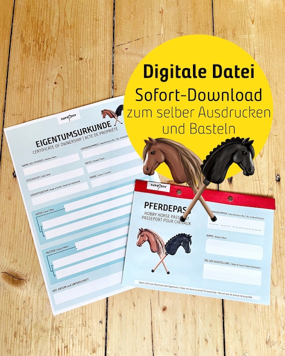 Hobby Horse DIY Pferdepass und Eigentümerurkunde + digitaler Download zum selber Ausdrucken & Basteln, tolles Zubehör zum Hobby Horsing