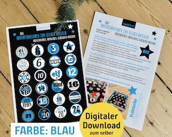 Adventskalender Zahlen DIY Farbe blau, digitaler Download zum Ausdrucken, super für Bierkästen Biertrinker Bier Kalender für Männer & Frauen