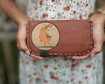 Bird Cartoon Pattern Vintage Wallet, Bohemian Wallet, Vegan Nubuck Wallet, Hand Stitched Wallet, Hippie Wallet, Authentic Woman Vegan Wallet