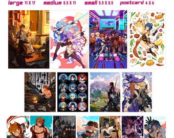 May include: A collection of 10 different Genshin Impact prints featuring various characters from the game. The prints are available in four sizes: large (11 x 17 inches), medium (8.5 x 11 inches), small (5.5 x 8.5 inches), and postcard (4 x 6 inches).