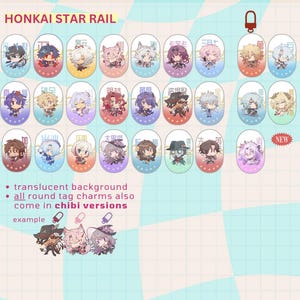 May include: A collection of Honkai Star Rail character charms with a translucent background. Each charm features a unique character design in a colorful, oval shape. The text "HONKAI STAR RAIL" is at the top. The charms also come in chibi versions.