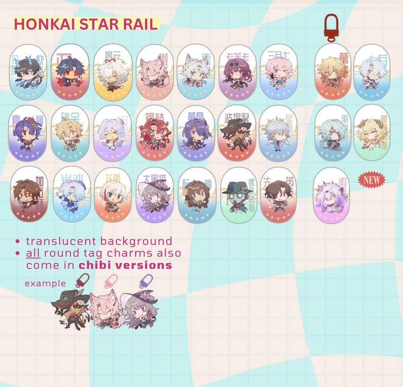 May include: A collection of Honkai Star Rail character charms with a translucent background. Each charm features a unique character design in a colorful, oval shape. The text "HONKAI STAR RAIL" is at the top. The charms also come in chibi versions.