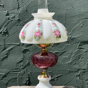 Vintage Hurricane Gone with the Wind Style Table Lamp – Rose Floral Glass & Ruby Red Base