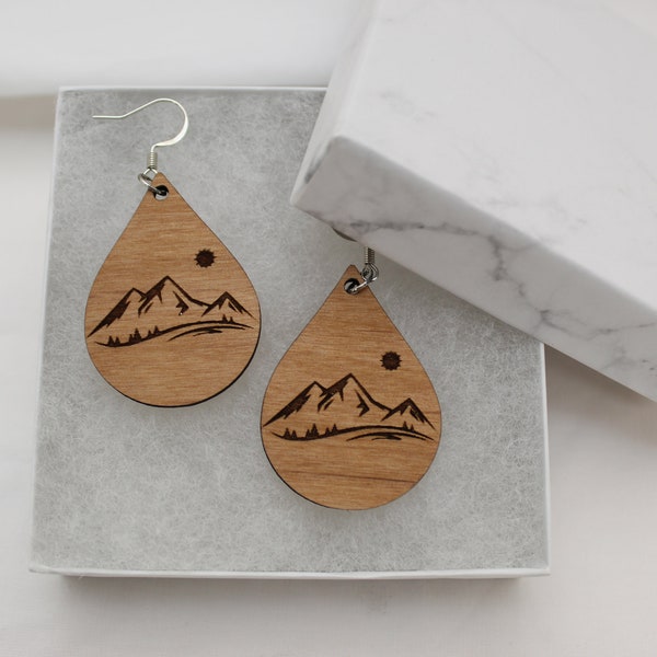 Tear Drop Wood Earrings Laser Cut With Mountain Scene on Alder Wood