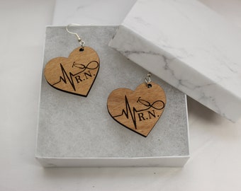 Nurse Earrings R.N. Heart Shaped Wood Earrings on Alder Wood
