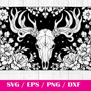 May include: Black and white digital illustration of a deer skull with antlers surrounded by floral designs. The skull is stylized with a floral pattern on the antlers and a floral design on the skull itself.