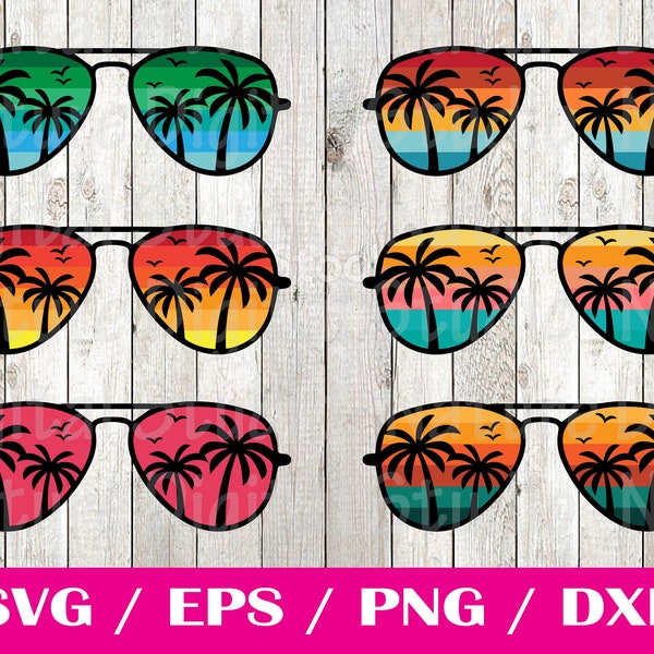 Beach Sunglasses SVG cut file Palm tree Sunglasses Hello Summer Palms shades Beach vibes Vacation shirt Silhouette Iron on Aviators Retro