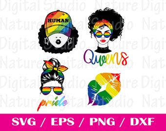 May include: Four digital designs featuring a rainbow color scheme. The designs include a woman wearing a rainbow baseball cap with the word "HUMAN" on it, a woman with a rainbow headband, a woman with a rainbow bun and sunglasses, and a rainbow lip print.