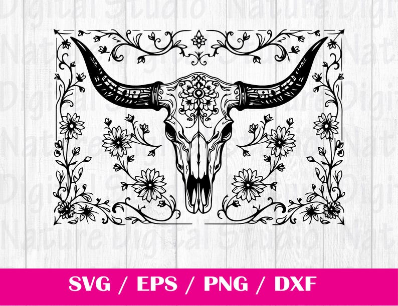 May include: Black and white silhouette of a cow skull with floral designs around it. The skull has intricate details and is surrounded by a border of leaves and flowers.
