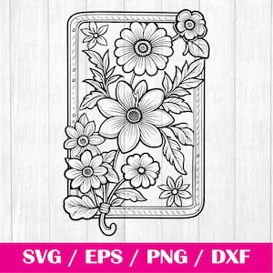 May include: Black and white line art illustration of a floral design inside a square frame. The flowers are stylized and have a vintage look.