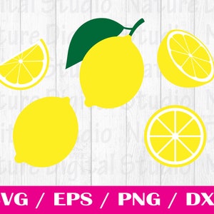 May include: A digital illustration of lemons in various forms: whole, sliced, and a wedge. The lemons are yellow with white details, and one has a green leaf. The image includes the text "SVG / EPS / PNG / DXF" in a pink bar.