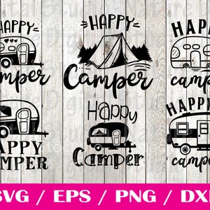 Könnte beinhalten: Sechs schwarz-weiße Designs mit einem Wohnmobil und dem Text "Happy Camper".