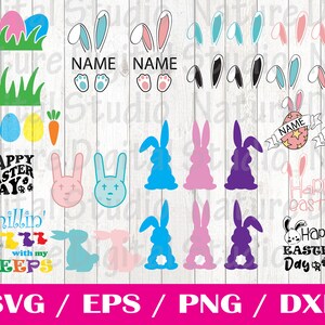 以下が含まれることがあります： イースターをテーマにしたSVG、EPS、PNG、DXFファイルのデジタルダウンロード。ファイルには、ウサギ、卵、ニンジン、そして「ハッピーイースター」と「チリン' with my peeps」のテキストが含まれています。