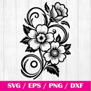 May include: Black and white silhouette of a floral design with three flowers and intricate swirls. The flowers have five petals each and are arranged in a cluster.